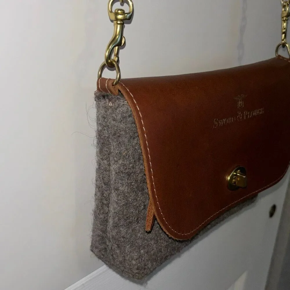 Sword & Plough Women Gray Crossbody Bag Purse Gold Chain Brown Leather